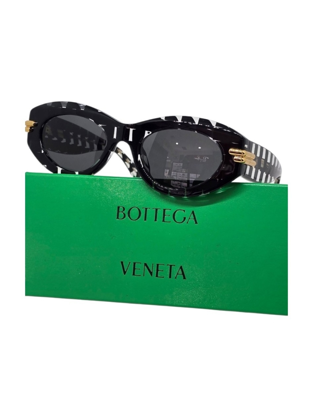 Bottega Veneta Black and White Patterned Oval Sunglasses with Gold Accents